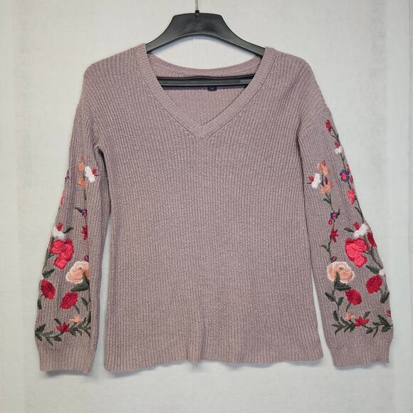 American Eagle Outfitters Lavender Embroidered Floral Bell Sleeve Sweater - Picture 1 of 8